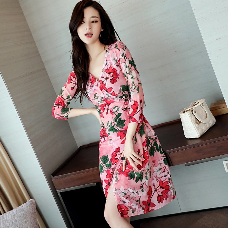 1140．花柄カシュクールワンピース（レッド）