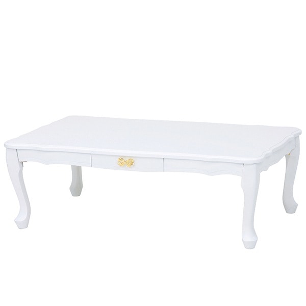 ローテーブル 折れ脚テーブル 引出し付 姫系 ロマンチック リボン型引手 フェミニン 幅100cm 猫脚 白家具 クラシック かわいい 女の子 プリンセス 折りたたみ 収納 省スペース