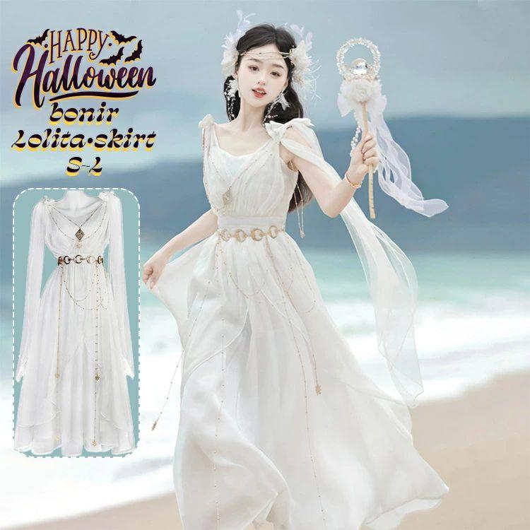 【ハロウィン 限定】ハロウィン ロリータ服 神使ロリータ 北欧風ドレス ホワイトアクセント 神秘 人気 自然コーデ 女性用 フリルデザイン ゴールドアクセサリー 安い 祭り