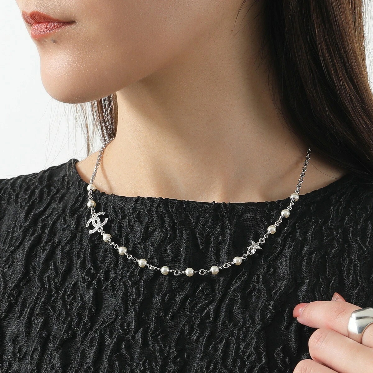 CHANEL シャネル ネックレス ABF742 B20575 チョーカー チェーン×パール メタル ラインストーン ココマーク CCマーク スター U0940