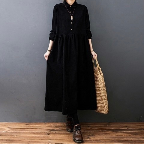 レディース ワンピース ロング 長袖 ポロカラー スリム 細身 Aライン ボタン コーデュロイ かわいい 大人可愛い きれいめ シンプル カジュアル 上品 おしゃれ こなれ感 ラフ エレガント 存在感
