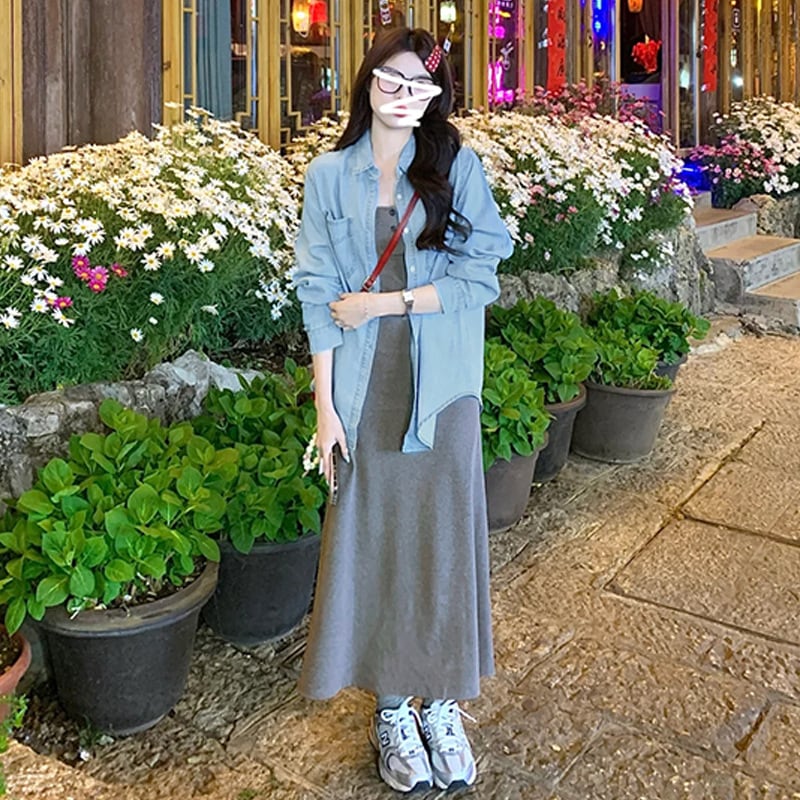 韩系穿搭配一整套早初秋装高级感吊带连衣裙子女秋季2024新款长裙