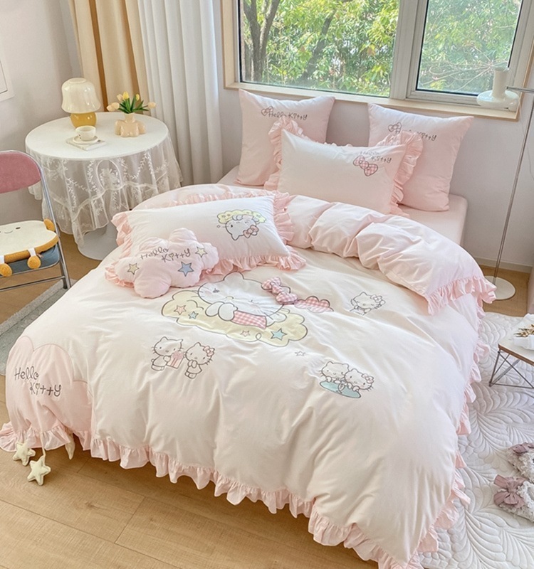 0 カウント ハローキティ コットン ウォッシュド コットン 刺繍入りキルト カバー 4 ピース コットン ベッド シーツ モデル ガール プリンセス 2m