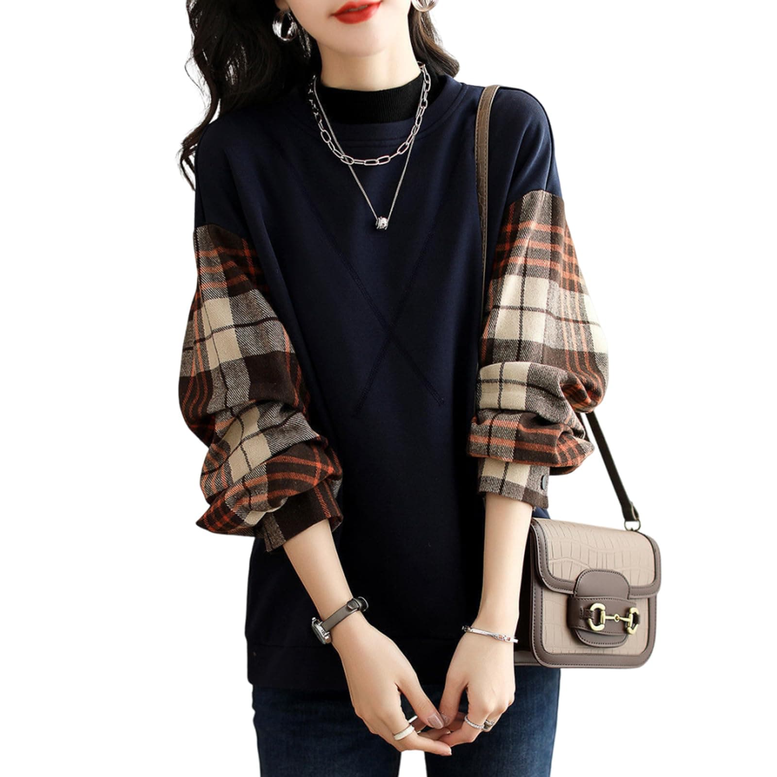 [Leadamon-oee] トレーナー レディース 長袖 パーカー スウェット 切り替え プルオーバー トップス チェック 重ね着風 異素材 ドッキングトレーナー ゆったり 体型カバー 大きいサイズ 5,394円