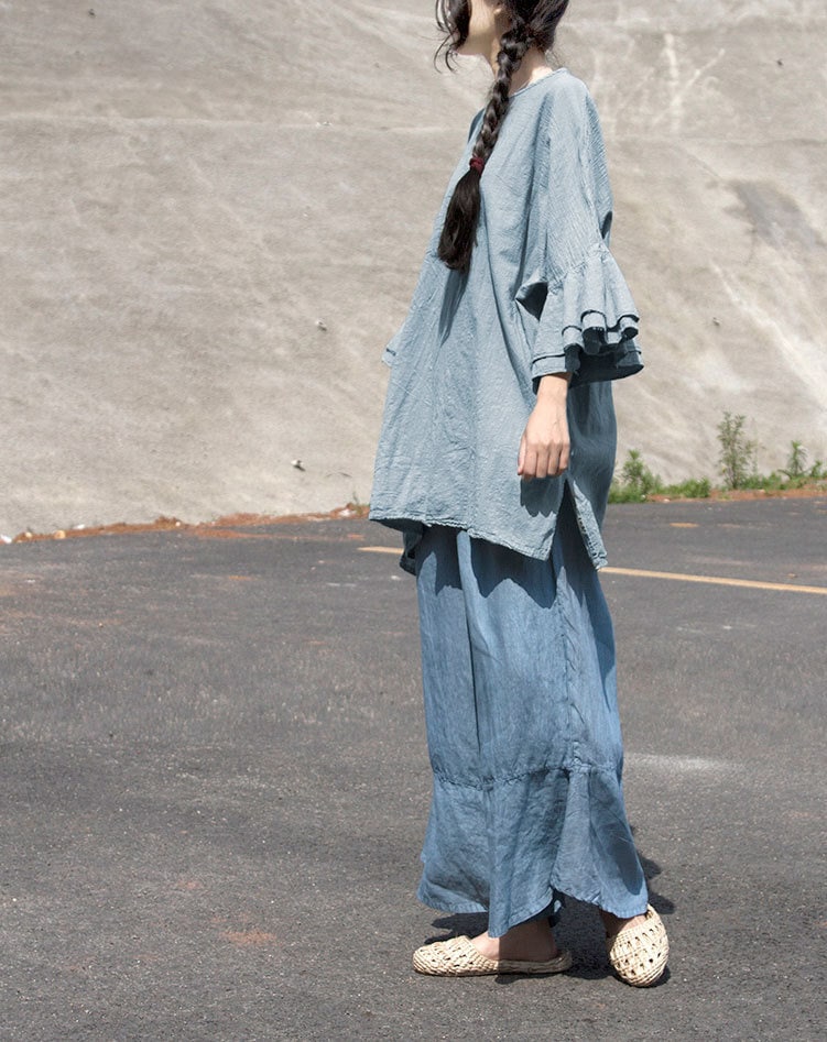 トップス Tシャツ シャツ 袖あり フレアスリーブ ラウンドネック 襟なし かわいい 大人可愛い シンプル カジュアル 大人 おしゃれ お洒落 レトロ 大人可愛い こなれ感 ラフ ガーリー 無地 春