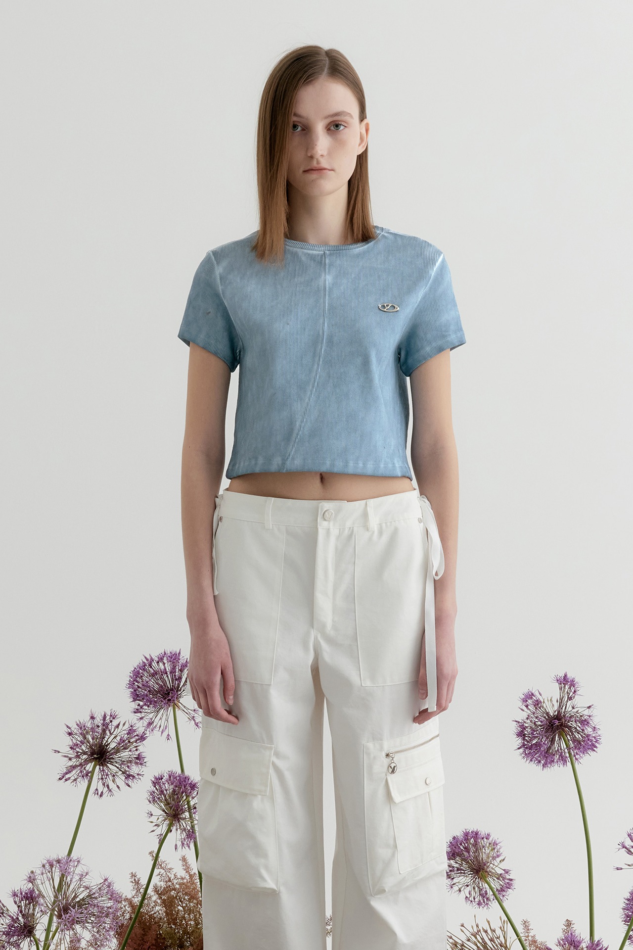 【YUSE】 WASHING RIBBED HALF SLEEVE TOP : LIGHT BLUE