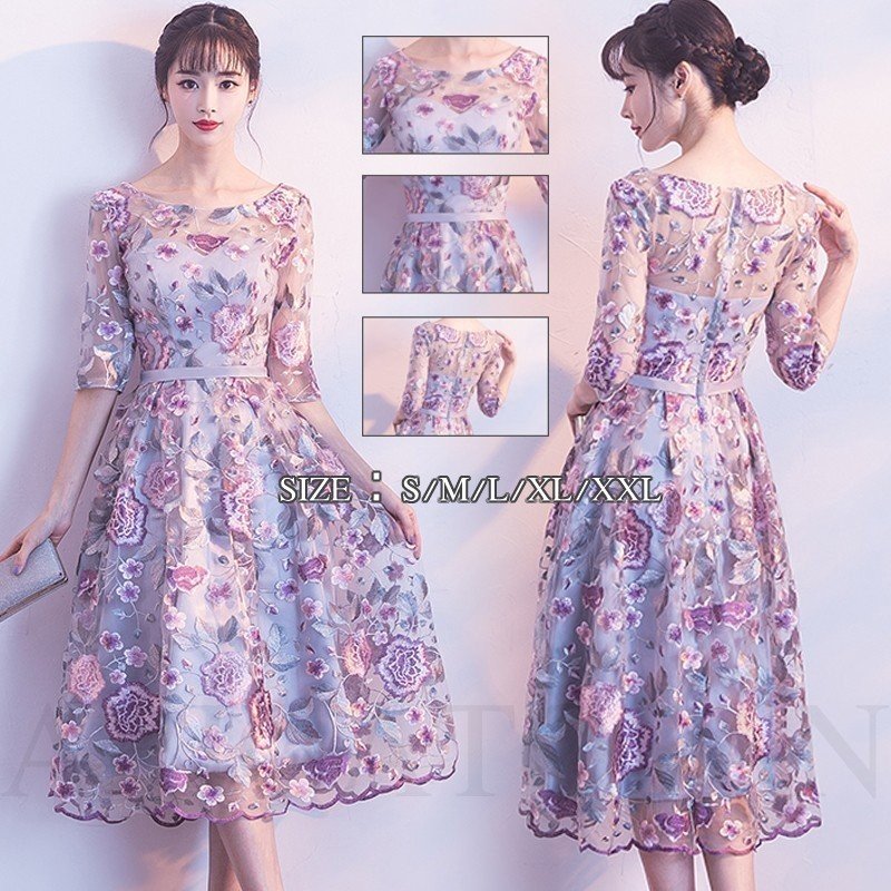 ウエディングドレス パーティードレス 結婚式ドレス 袖あり レース 花柄 刺繍 着痩せ 大人 可愛い