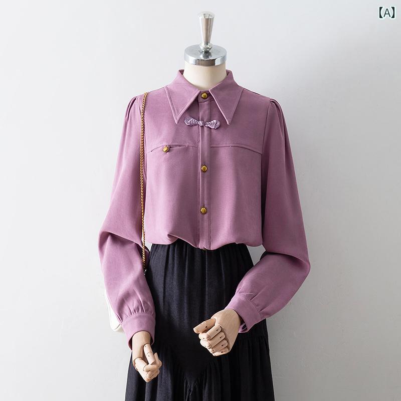レディース シャツ ブラウス 長袖 春秋 チャイナ風ボタン ローズ紫ピンク シャツ襟 金色ボタン シングルブレスト エレガント 個性的 トレンド クラシック 上品 華やかカラー フェミニン 快適
