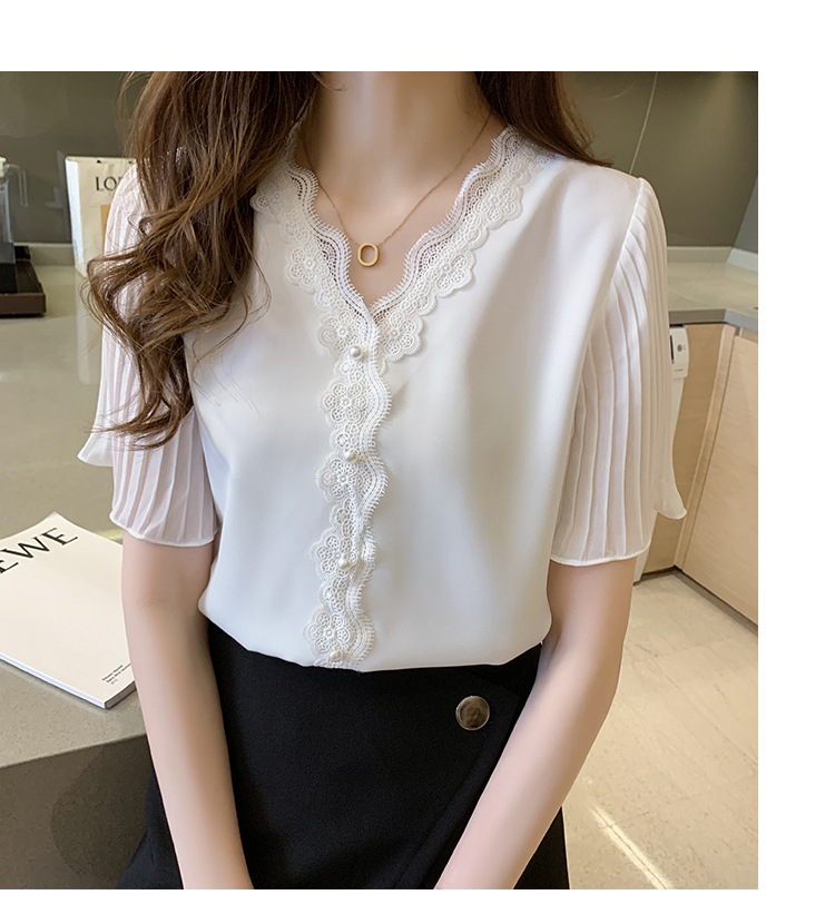 シャツ ブラウス レディース 半袖 Vネック 花柄 レース プリーツ かわいい 大人可愛い きれいめ シンプル ガーリー 無地 春 夏 入学式 ママ デート イベント 韓国 ホワイト ピンク トップス
