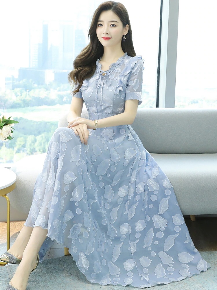 ワンピース レディース ドレス 半袖 ロング丈 マキシ丈 Vネック フレア Aライン フリル シフォン きれいめ かわいい ガーリー ボタニカル 春 夏 オルチャン ２XL ３XL オレンジ ピンク