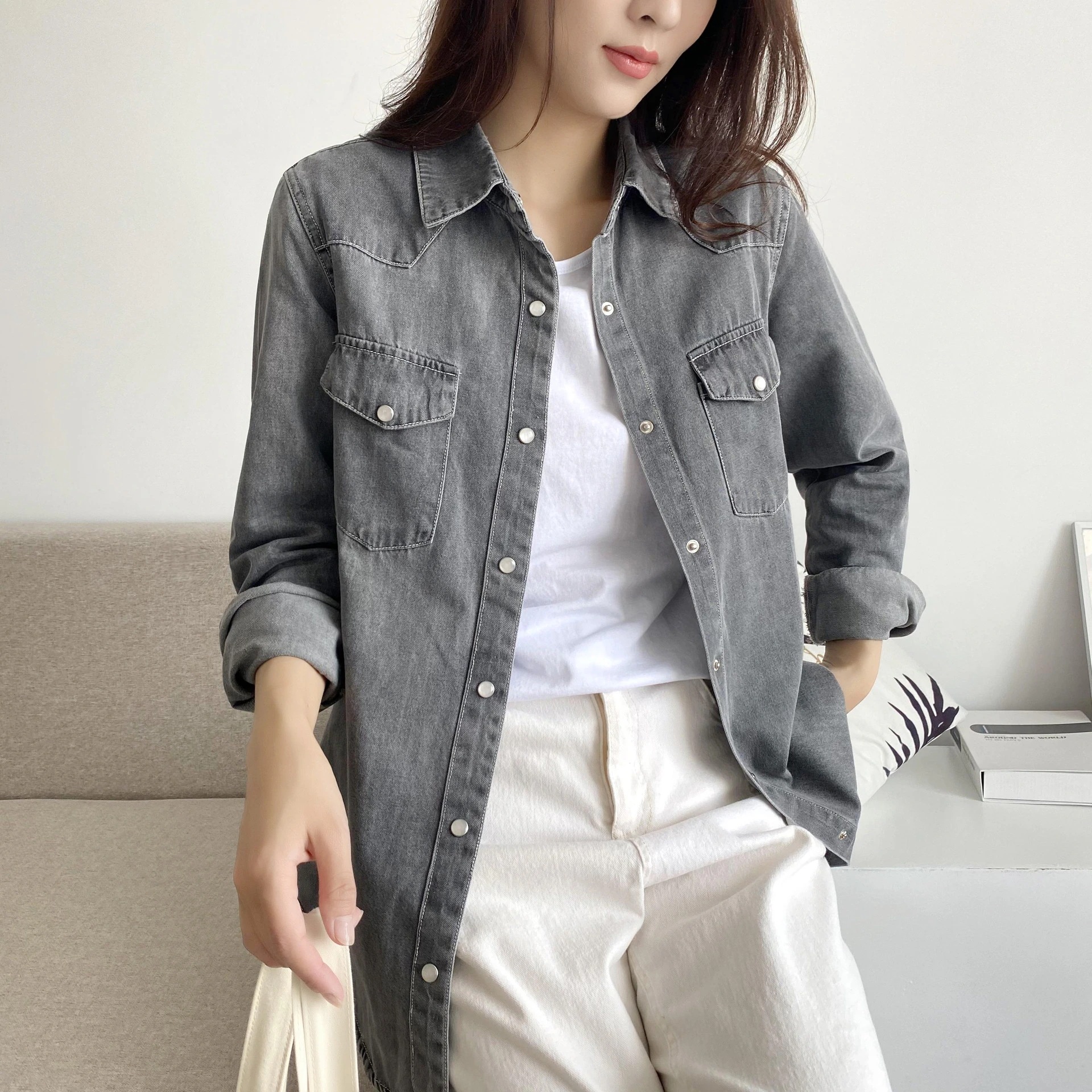 レディース春アウターライトアウターデニムウエスタンシャツデニムシャツ洗いウォッシュブラック綿ブラックデニム長袖ロングシャツヴィンテージ 4,765円