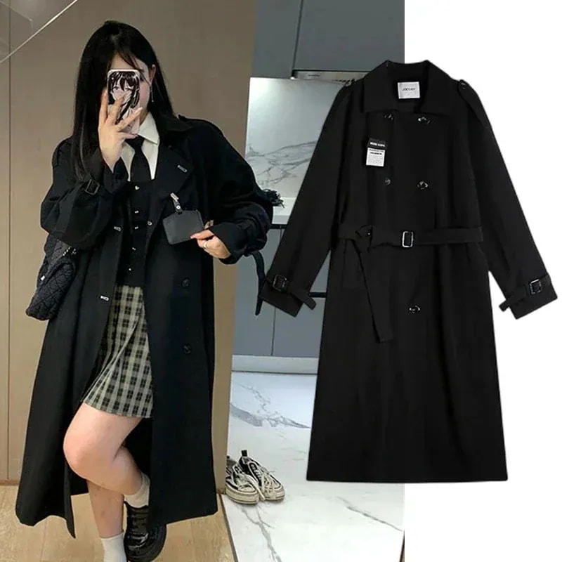 【お勧め商品】 ロング丈 ブラックウインドブレーカー 黒 トレンチコート 通勤 通学 春秋 チェストコート 小柄 アウター メガ割30%までに制限