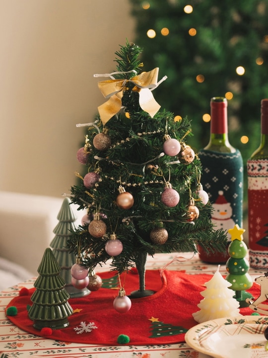 恋人と一緒のロマンチックなクリスマスツリーフルセット(グリーンツリー+ピンク/ゴールド飾り24個) 45cm 高さ