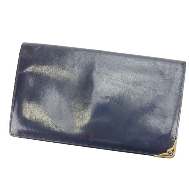 長札入れ 二つ折り 角プレート ネイビー ゴールド 中古