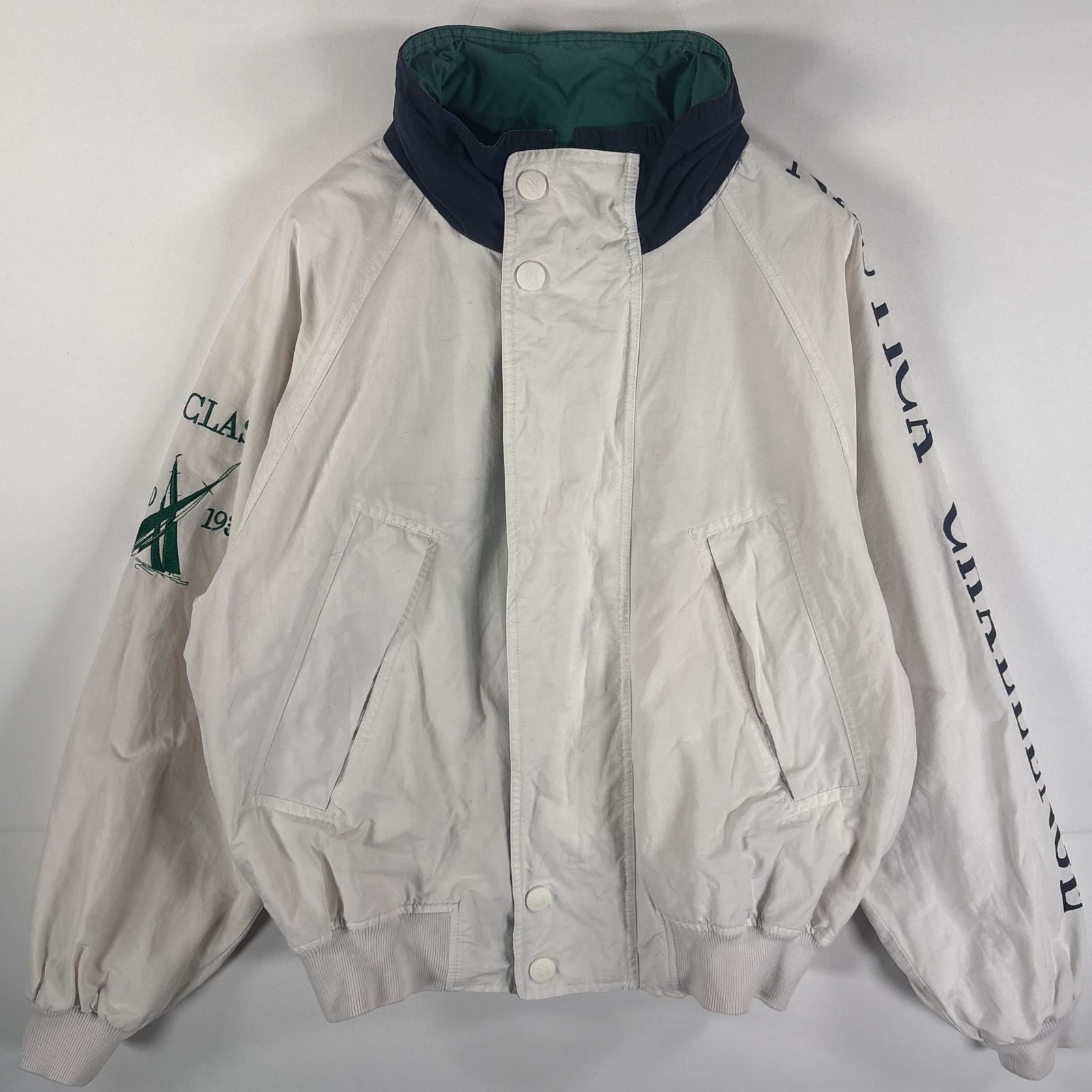 古着 90s/90年代 ジャケット ブルゾン ビッグ刺繍ロゴ フルジップ 収納フード M ホワイト マルチカラー メンズ