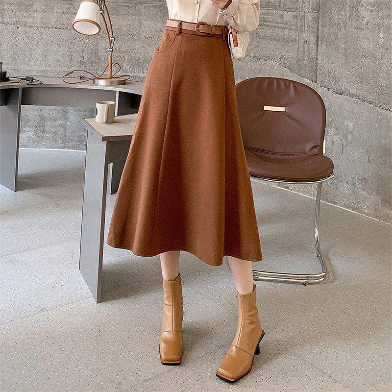 【急速出荷】無.料秋冬 ウールAラインミディスカート 大裾フレアスカート