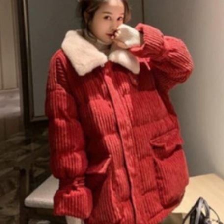 コーデュロイ生地アウター アウター コート 長袖 襟付き もこもこ フェイクファー 厚手 かわいい