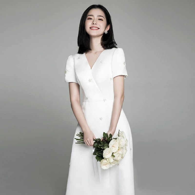 ホワイト ウェディングドレス　Aライン　半袖 ロングドレス ウェディングドレス レース 素地 ファスナータイプ　xs～xxl　Wedding Dress　お花嫁　結婚式　旅行撮影演出　レディースウ 1