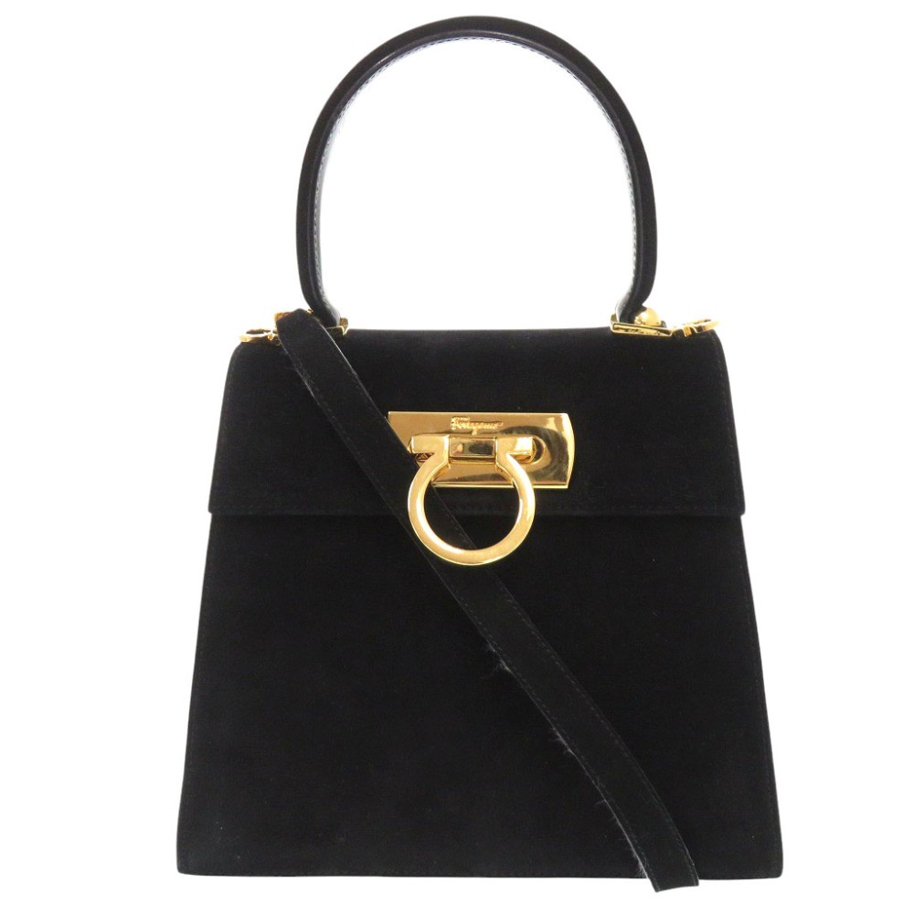 美品 サルヴァトーレフェラガモ ガンチーニ AQ-212193 ハンドバッグ/スエードレザー ブラック 0846【中古】Salvatore Ferragamo レディース