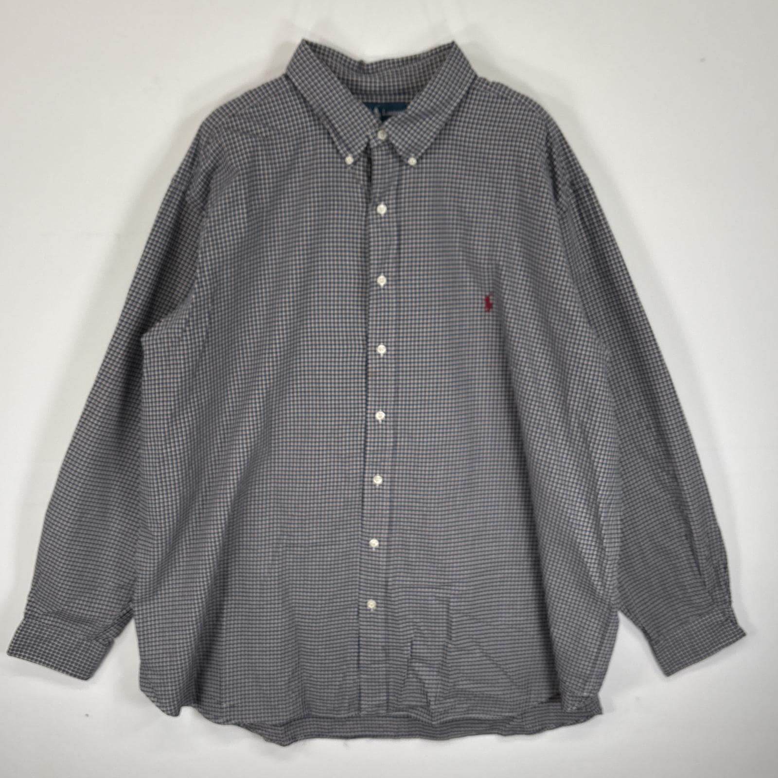 古着 長袖シャツ ボタンダウンシャツ ワンポイント ロゴ 刺繍 大きいサイズ 3XB BIG ネイビー系 チェック メンズ