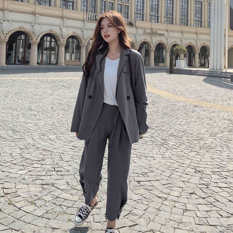 【急速出荷】2色 セットアップ ジャケット パンツ スーツ カジュアル フォーマル 上下セット 長袖 ルーズ こなれ感 ワイドパンツ グレー 茶 ブラウン テーラードジャケット 個性的 大人可愛い か