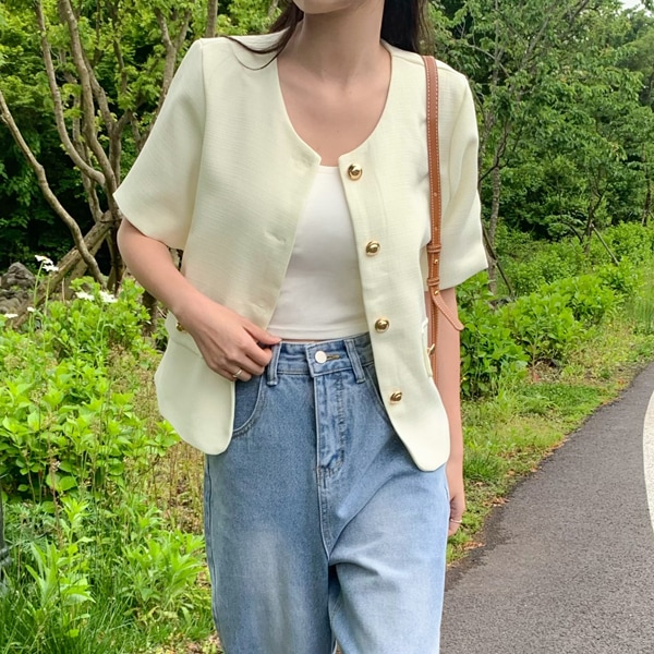 韓国ファッション ゴールドボタン ラウンド ツイード 半袖 ジャケット