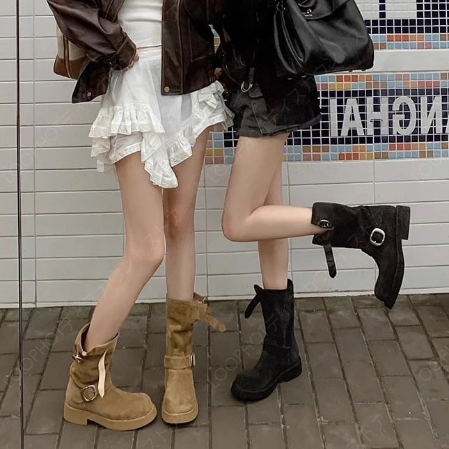 秋冬の新作ファッション中筒スタッズブーツソフトレザーカジュアル韓国版レディースブーツナイトブーツ-55