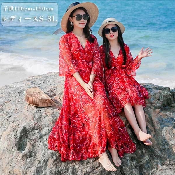 ワンピース レディース シフォン レッド 透け感 シアー感 リゾート 沖縄 夏ワンピ 子供 キッズ bi053zezet2