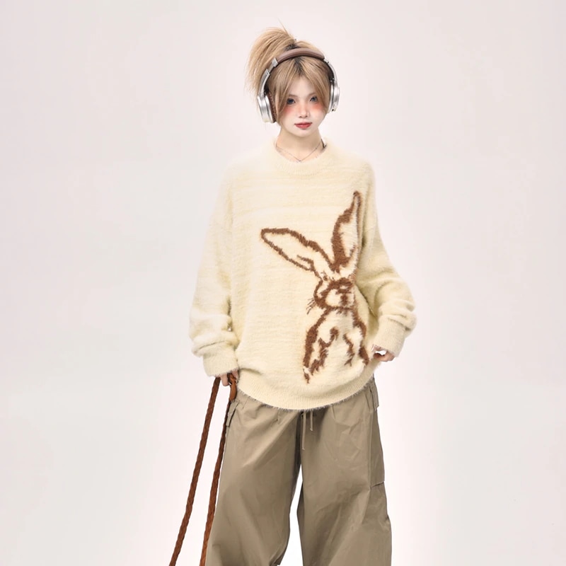 韓国っぽラビットニット 長袖 トップスプリントロング丈 レディースプルゆったり春 秋冬 ストリートコルシルエットファッション色っぽ女っぽカジュアル大人っぽ 上品 2025 サイズフェミニンゆったり