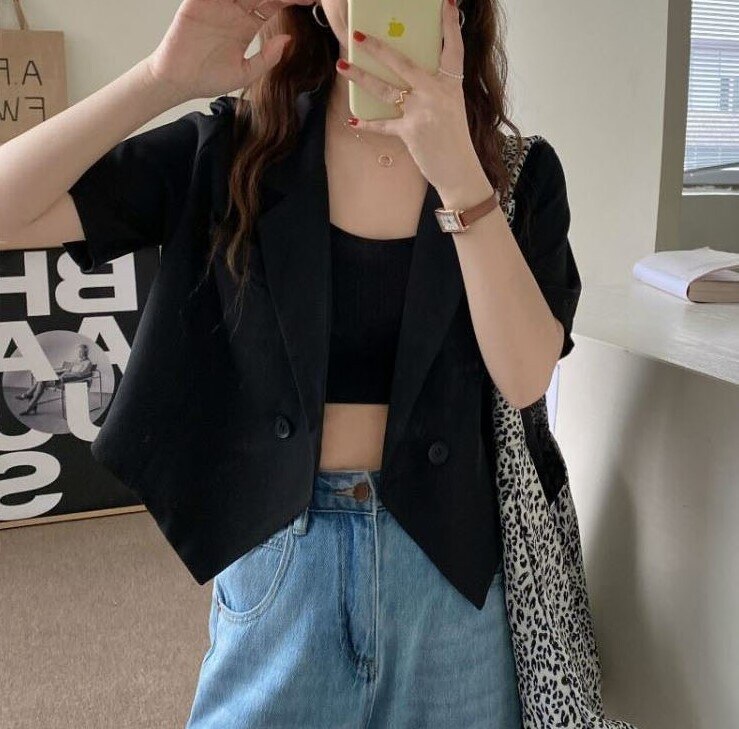 3色 アウター ジャケット レディース 春 きれいめ 軽い ショート丈 半袖 Vネック 襟付き スリム 細身 前開き 色展開 白 ホワイト 黒 ブラック 茶色 ブラウン サイズ S M L かわいい