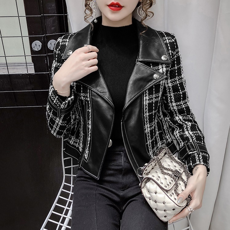 【送料無料】レディース ジャケット ツイード レザー チェック柄 ショート丈 ストリート