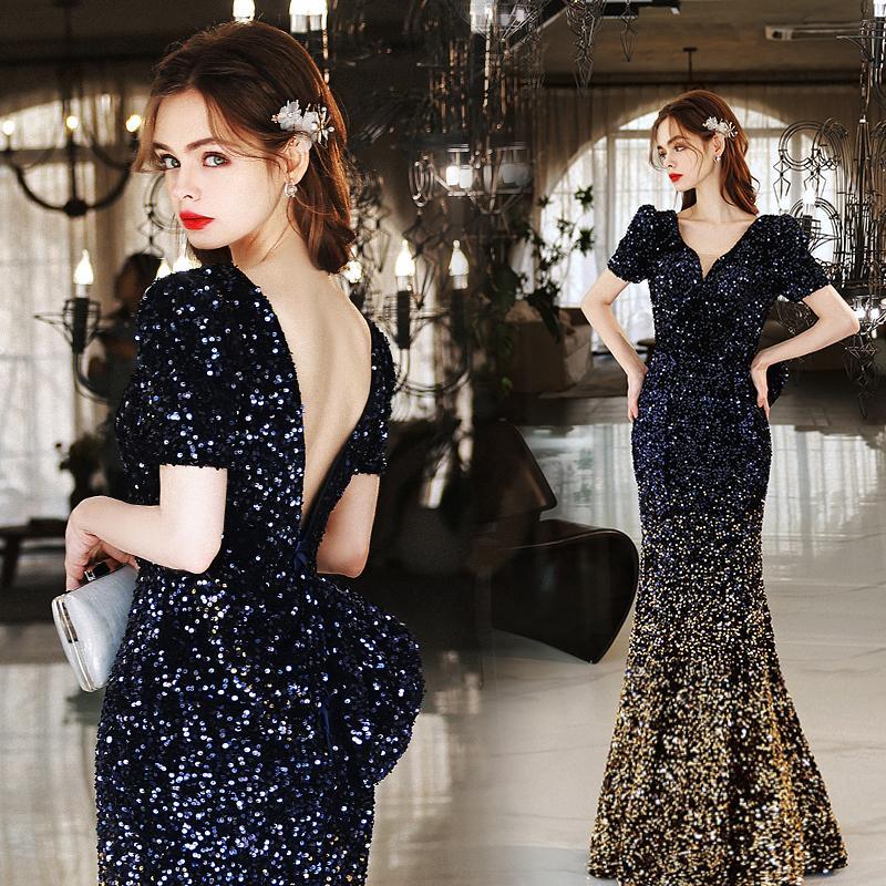 カラードレス スパンコール マーメイドドレス ロングドレス ブラックゴールド 発表会 イブニングドレス パーティードレス バックレス リボン 編み上げ キラキラ-931