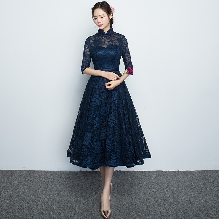 パーティードレス 結婚式 ワンピース ドレス 二次会 シースルー ピアノ 発表会 大人 上品 パーティードレス ドレス フォーマル レディース ロング丈 ひざ下 5分袖 長袖 レース 春 夏 秋 冬