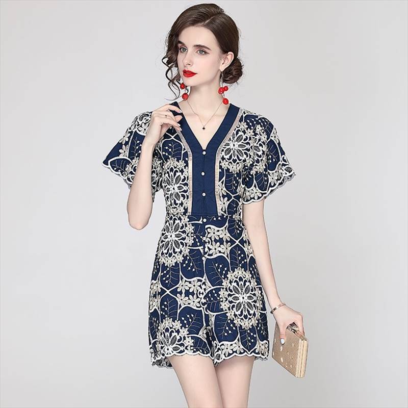 パンツドレス ミニ オールインワン 半袖 総レース 花柄 個性的 パーティードレス Vネック ショート丈 パンツ ネイビー 袖あり 大人 かっこいい 華やか 春 夏 パンツ コーデ 大きいサイズ 2X