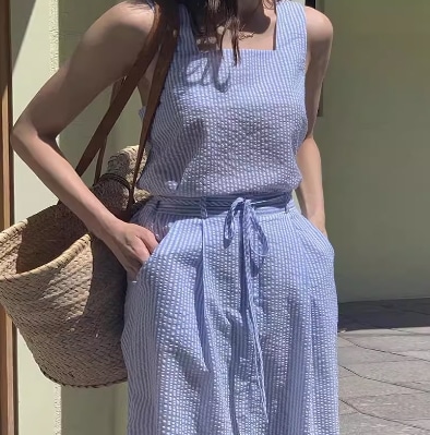 レディース トップス パンツ セットアップ ガウチョパンツ ノースリーブ スクエアネック フェミニン ウエストマーク ヴィンテージ かわいい 大人可愛い きれいめ カジュアル おしゃれ レトロ