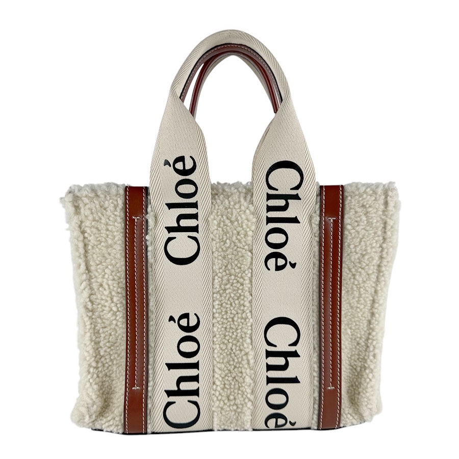 クロエ Chloe ハンドバッグ ショルダーバッグ Woody スモール ボア/レザー アイボリー/ブラウン レディース z9695