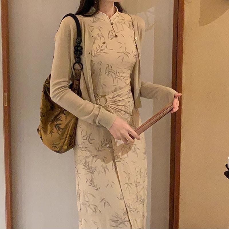 2024新型【牡竹】新中式レトロ改良チャイナドレス女春の雰囲気プリントワンピース2着