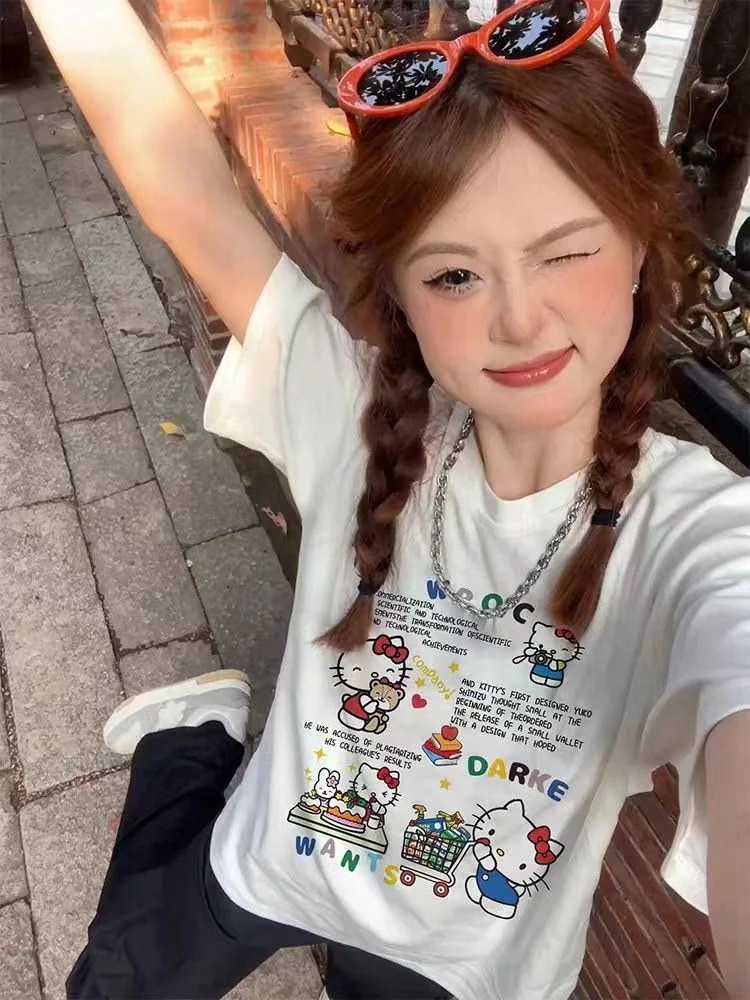 13.女性用ハローキティ純綿半袖tシャツ夏ゆったり半袖トップス