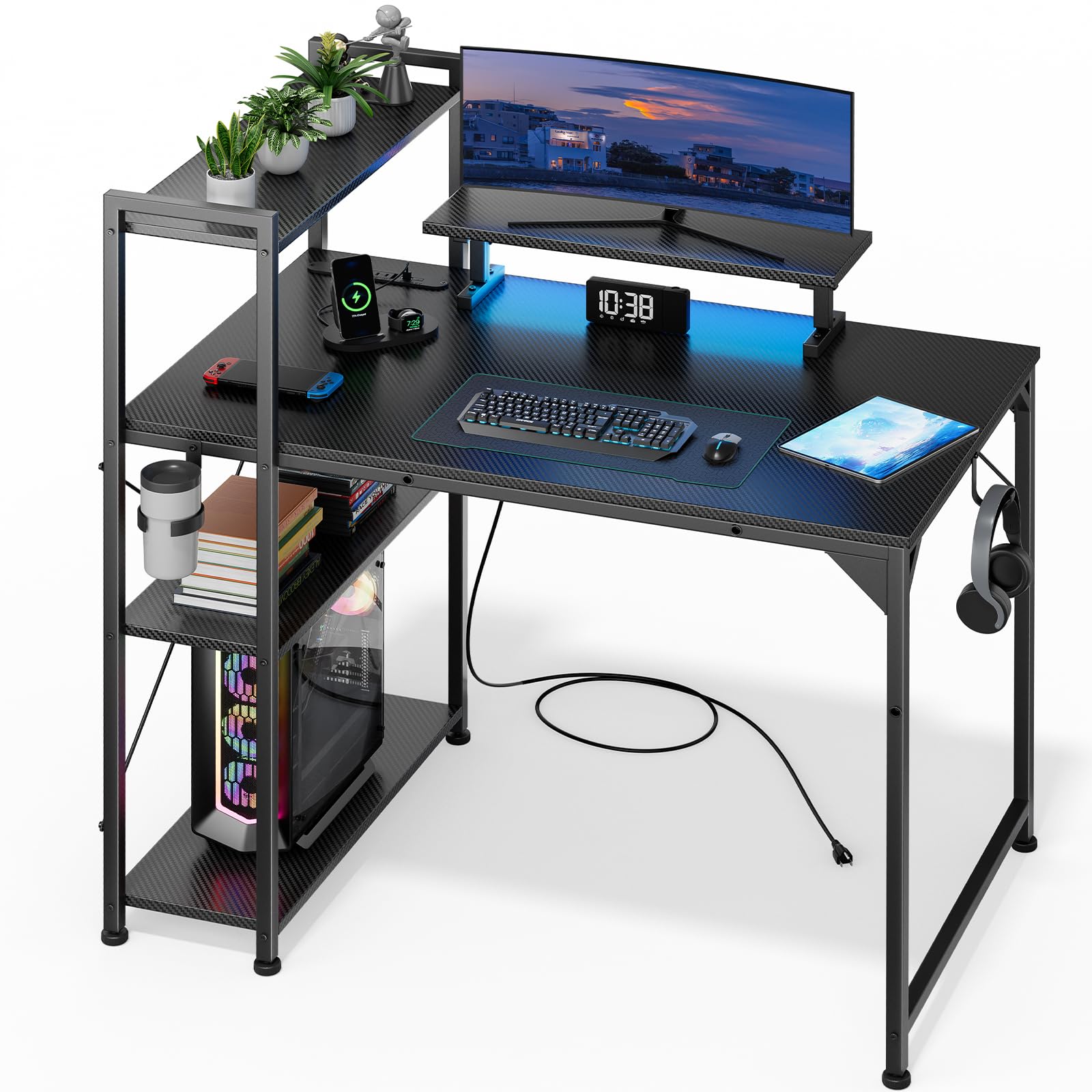 パソコンデスク 黒 幅107cm 棚付き コンセント付き ゲーミングデスク 収納 モニター台付き pcデスク オフィスデスク 学習机 作業机 computer desk电竞桌 おし 11043 11,165円