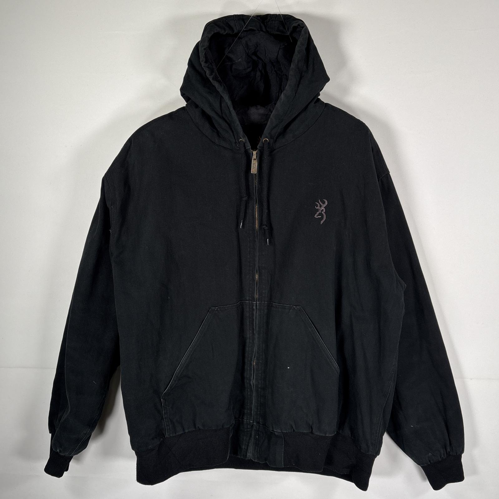 古着 ブローニング BROW NING ダック ワークジャケット フルジップ ワンポイント刺繍 フード付き XL ブラック メンズ