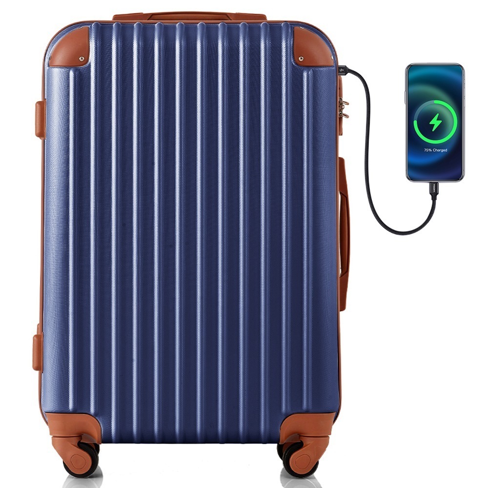 【国内即発送】スーツケース Mサイズ キャリーバッグ USB充電ポート付き カップホルダー付き Navy + ABSキャリーケース 超軽量 TSAロック搭載 4日-7日 中型