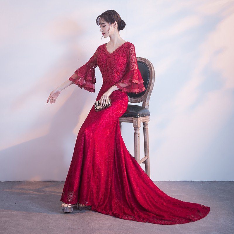 マーメイドドレス 演奏会 カラードレス 赤 安い ウエディングドレス 結婚式 二次会 ロングドレス 花嫁 フォーマルドレス 袖あり イブニングドレス 大きい