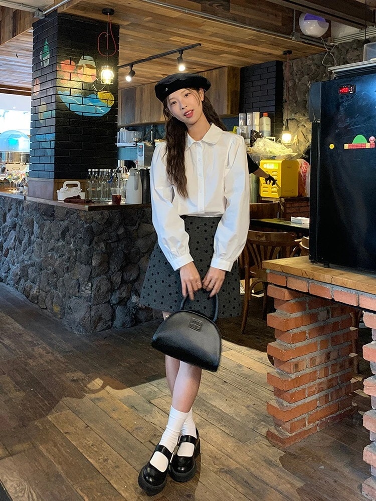 女性用ドールカラー長袖シャツ2024秋ゆったり痩身シックな気質トップス