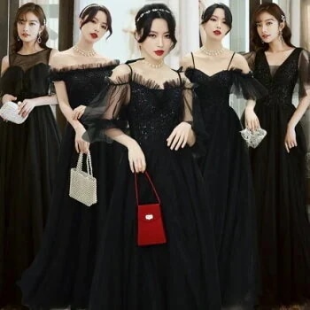 ブラック　5タイプ　ブライズメイド　ドレス　ロングドレス　二次会ドレスパーティードレス　ロング丈　ドレス　フォーマルドレス　マキシ丈　ワンピース二次会演出司会結婚式お呼ばれ　花嫁　ピアノ発表会　引可