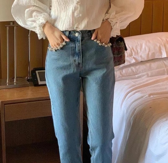 デニムパンツ ビジュー お洒落ポケット デザインポケット ハイウエスト Gパン 個性的 韓国 レディース オルチャン ストレートパンツ 春 夏 秋 冬 カジュアル 体型カバー 総柄パンツ