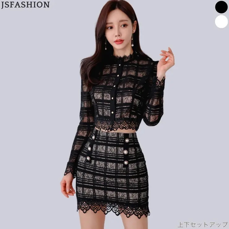 上下セット トップス& スカート 全2色 ドレス風 長袖 黒 白 シースルー パールボタン タイトスカート パーティー ミニ丈 ショート丈 ミニスカート きれいめ スリム 細見え 華やかおしゃれ セ