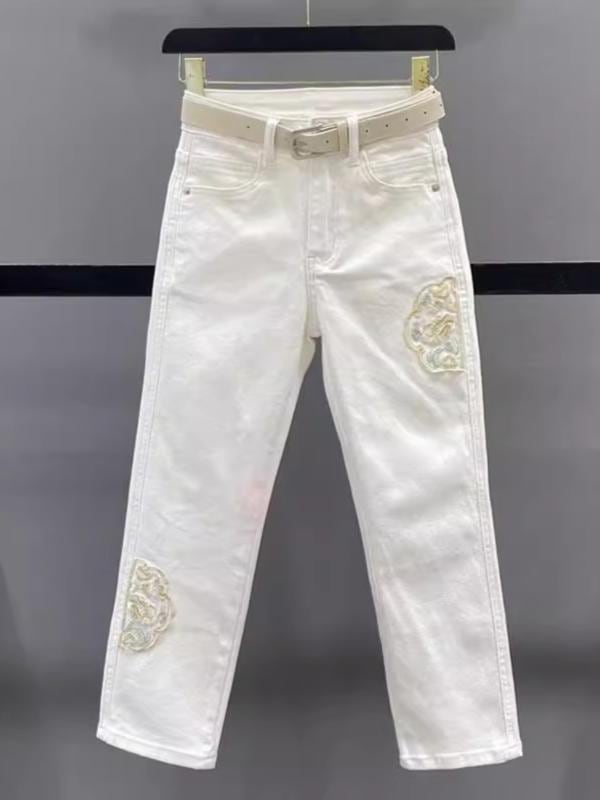 レディース ファッション カジュアル おしゃれ チャイナ風 刺繍 デニムストレートパンツ 春夏 ハイウエスト 九分丈 シガレットパンツ