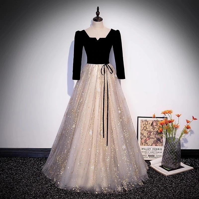 女性用ブラックイブニングドレス2025長袖パフォーマンス服ソロボーカルアートテストロングスカート