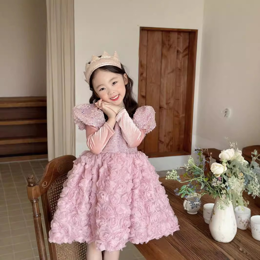 2024新入荷 子供服女の子秋冬スタンディングローズパフバースデードレス長袖ドレス