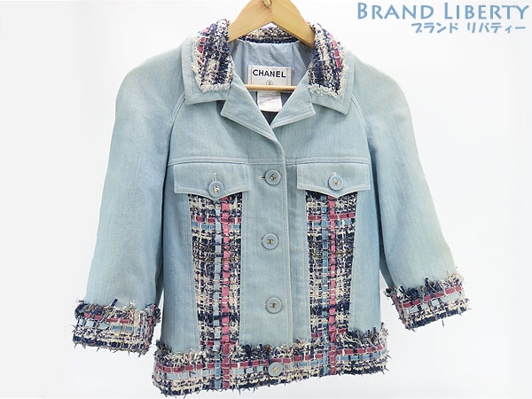 美品シャネルCHANELツイードデニムココボタン七分袖ジャケットブルゾンブルーP30556